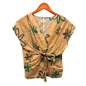 Diega Talita Floral Tie Front Wrap Top Women's Small Tan Cotton
